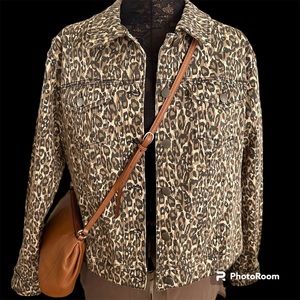 D. JEANS JACKET CREAM BROWN ANIMAL LEOPARD PRINT STRETCH COTTON POCKETS SIZE XL